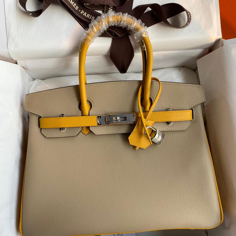 Hermes Birkin30EP color matching trench coat gray with amber yellow silver buckle